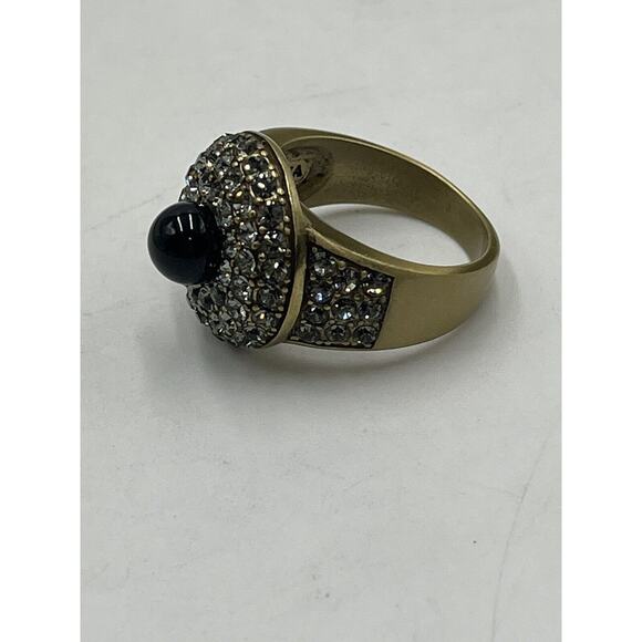Heidi Daus Antiqued Gold Tone Black Faux Pearl Pave Crystal Cocktail Ring Sz 9.5 - Picture 4 of 9